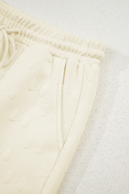 White Plain Bow Jacquard Ruffle Sleeve Shorts Set