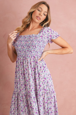 Purple Floral Short Bubble Sleeve Smocked High Waist Maxi Dress