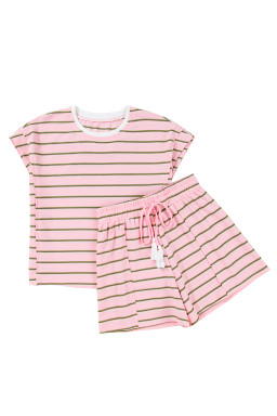 Pink Striped Crewneck Tee and Drawstring Shorts Set