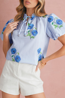 Sky Blue Floral Print Tie V-Neck Short Sleeve Blouse