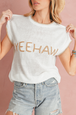 White YEEHAW Contrast Stitch Edge Knit Top