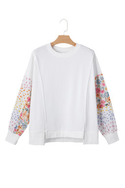 White Floral Dotted Print Patchwork Sleeve High Low Sweatshirt