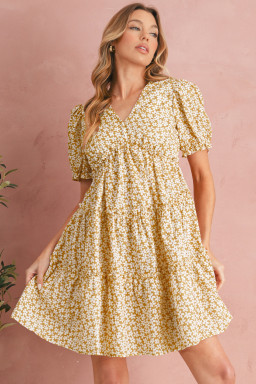 Yellow Floral Short Sleeve V Neck Frill Tiered Mini Dress
