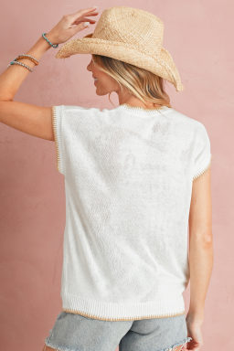 White YEEHAW Contrast Stitch Edge Knit Top