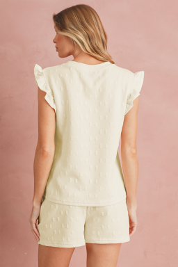 White Plain Bow Jacquard Ruffle Sleeve Shorts Set