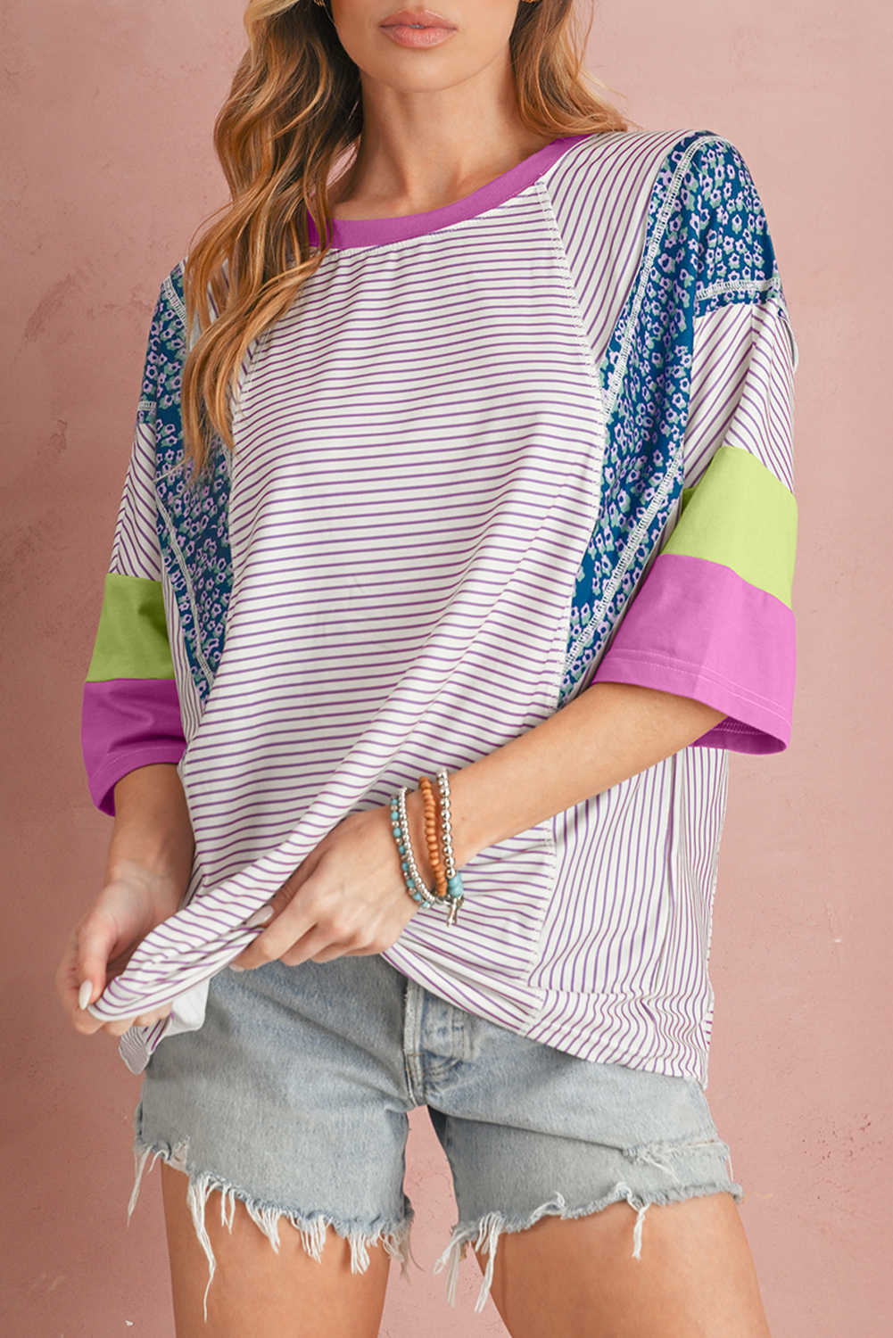 Purple Stripe Floral Colorblock Patchwork Stitching Edge Top