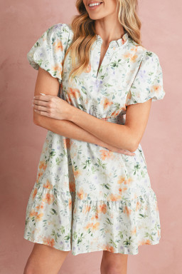 Beige Floral Print Smocked High Waist Puff Sleeve Mini Dress