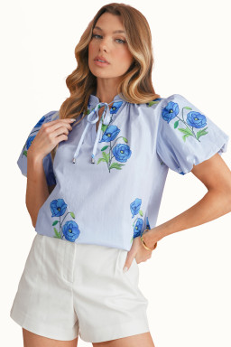 Sky Blue Floral Print Tie V-Neck Short Sleeve Blouse