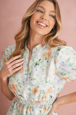 Beige Floral Print Smocked High Waist Puff Sleeve Mini Dress