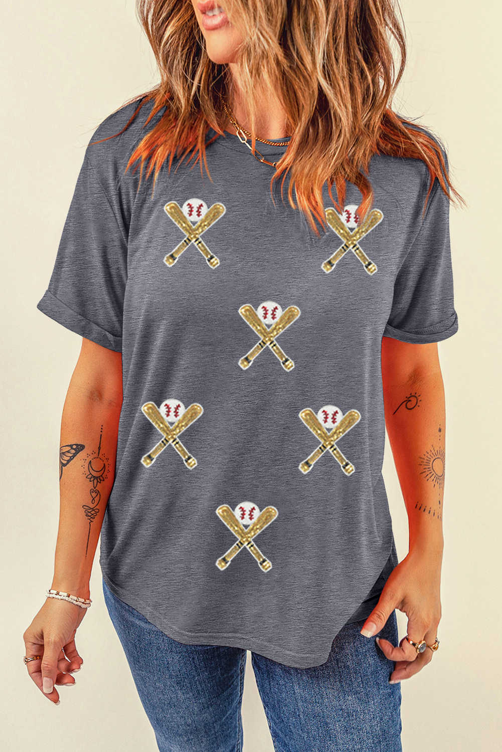 Gray Baseball Bat Sequins Patch Graphic Game Day Casual Tee
