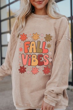 Apricot Twisted Rib FALL VIBE Heat Transfer Printing Graphic Baggy Sweatshirt