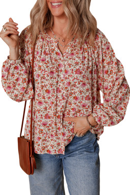 Red Floral Print Pleated Detail Notched Neck Puff Sleeve Blouse