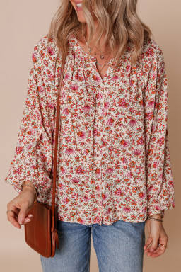 Red Floral Print Pleated Detail Notched Neck Puff Sleeve Blouse