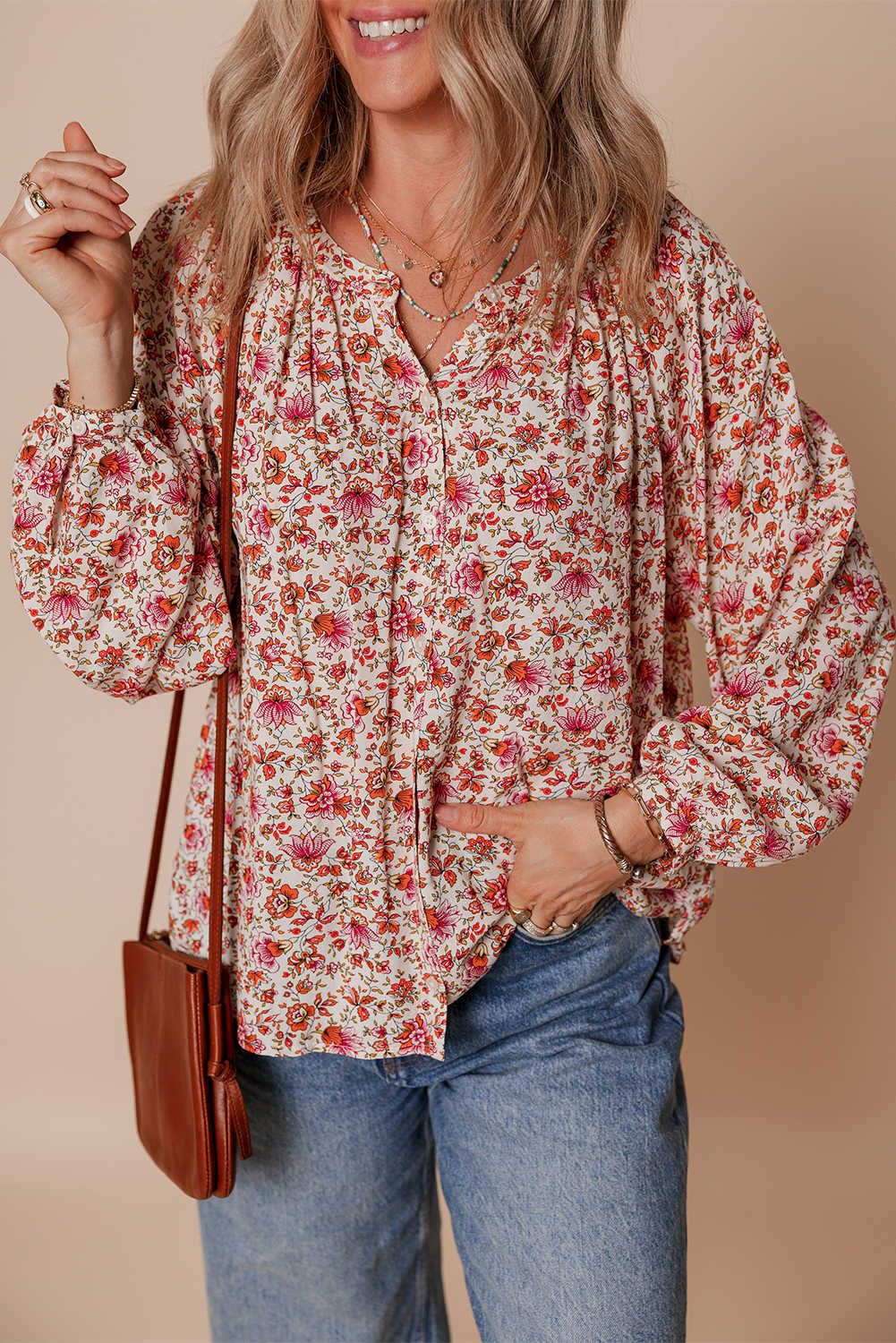 Red Floral Print Pleated Detail Notched Neck Puff Sleeve Blouse