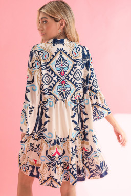 White Ethnic Print Boho Button Tiered Mini Dress