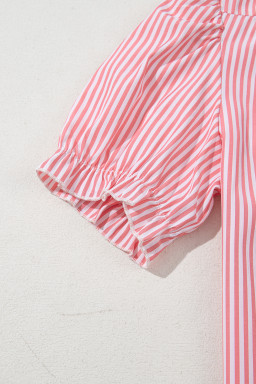 Pink Striped V Neck Puff Sleeve Blouse