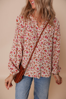 Red Floral Print Pleated Detail Notched Neck Puff Sleeve Blouse