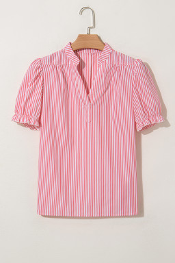 Pink Striped V Neck Puff Sleeve Blouse