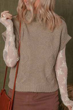 Smoke Gray Textured Knit Mock Neck Short Sleeve Sweater