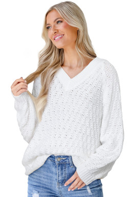 White Plain Knit Ribbed Edge V Neck Loose Sweater