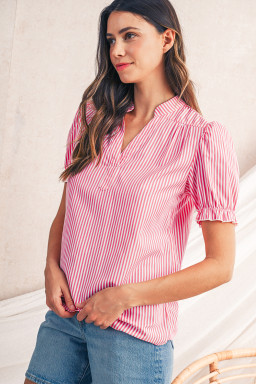 Pink Striped V Neck Puff Sleeve Blouse