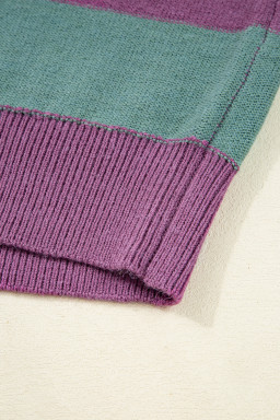 Green Stripe Colorblock Drop Shoulder Ribbed Edge Sweater