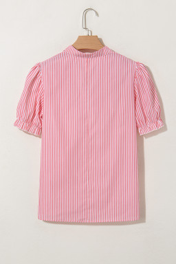 Pink Striped V Neck Puff Sleeve Blouse