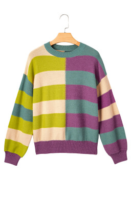 Green Stripe Colorblock Drop Shoulder Ribbed Edge Sweater