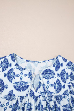 Sky Blue Geometric Print Tassel Drawstring V Neck Blouse