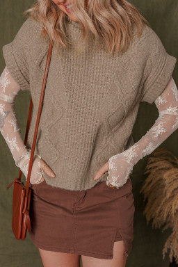 Smoke Gray Textured Knit Mock Neck Short Sleeve Sweater