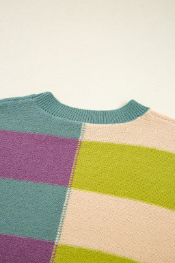 Green Stripe Colorblock Drop Shoulder Ribbed Edge Sweater