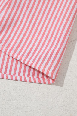 Pink Striped V Neck Puff Sleeve Blouse