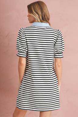 Black Stripe Collared Puff Sleeve Pocketed Mini Dress