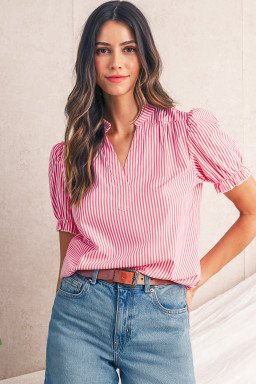 Pink Striped V Neck Puff Sleeve Blouse