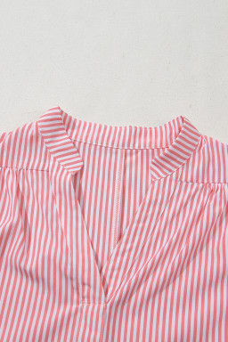 Pink Striped V Neck Puff Sleeve Blouse