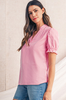 Pink Striped V Neck Puff Sleeve Blouse