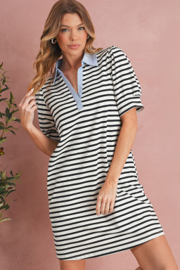 Black Stripe Collared Puff Sleeve Pocketed Mini Dress