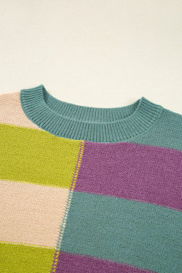 Green Stripe Colorblock Drop Shoulder Ribbed Edge Sweater