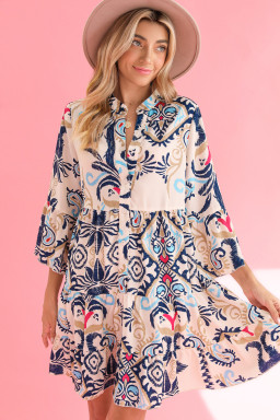 White Ethnic Print Boho Button Tiered Mini Dress