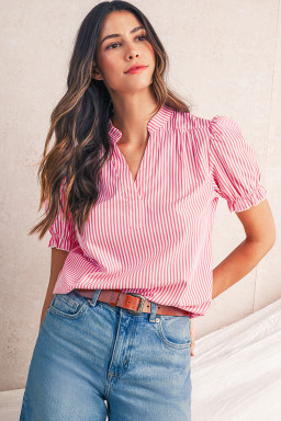 Pink Striped V Neck Puff Sleeve Blouse