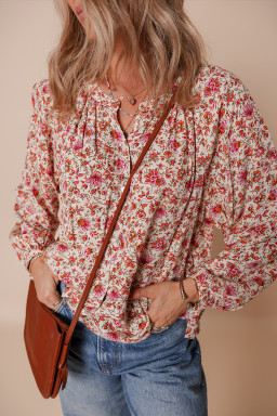 Red Floral Print Pleated Detail Notched Neck Puff Sleeve Blouse