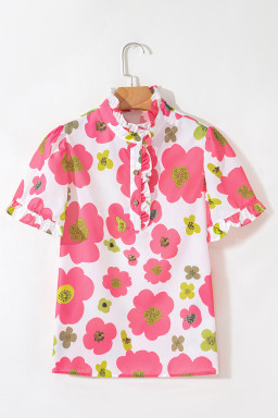 Pink Floral Ruffle Sleeve Striped Button Collar Blouse
