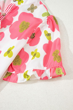 Pink Floral Ruffle Sleeve Striped Button Collar Blouse
