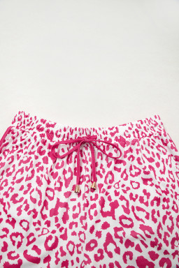 Pink Leopard Elastic Waist Lace up Contrast Trim Casual Shorts
