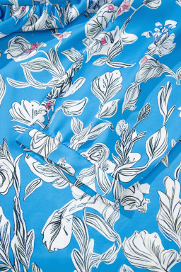 Sky Blue Vintage Floral Print V-Neck Bubble Sleeve Blouse