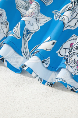 Sky Blue Vintage Floral Print V-Neck Bubble Sleeve Blouse