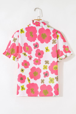 Pink Floral Ruffle Sleeve Striped Button Collar Blouse