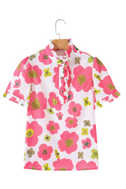 Pink Floral Ruffle Sleeve Striped Button Collar Blouse