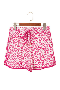 Pink Leopard Elastic Waist Lace up Contrast Trim Casual Shorts