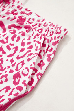 Pink Leopard Elastic Waist Lace up Contrast Trim Casual Shorts